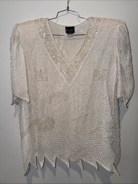 Tan Cho Vintage Silk Beaded White Top Women’s Size 4X